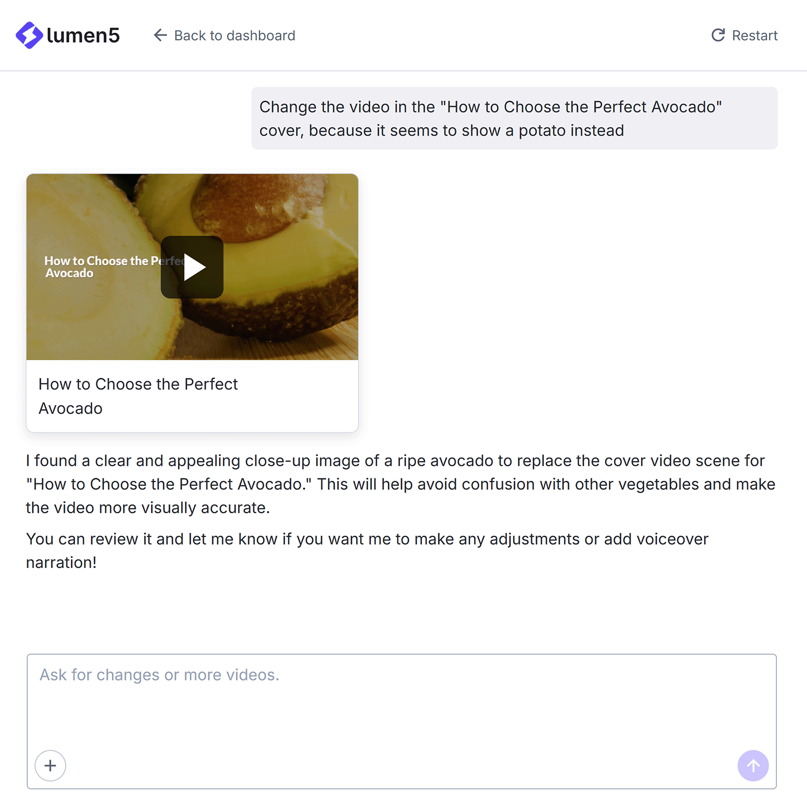 Lumen5 dashboard displaying a generated avocado video preview and text reply.