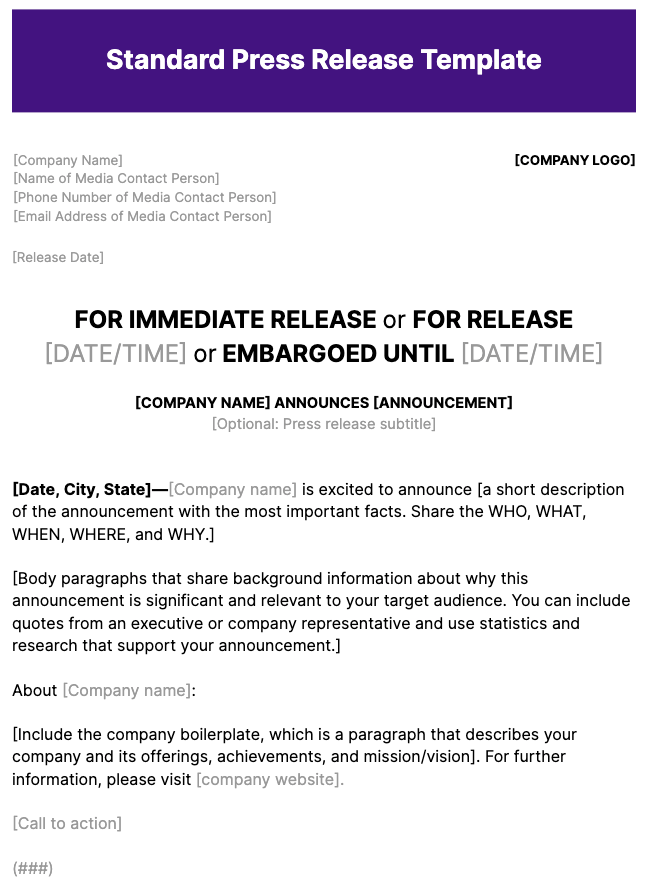 Semrush's Standard Press Release Template