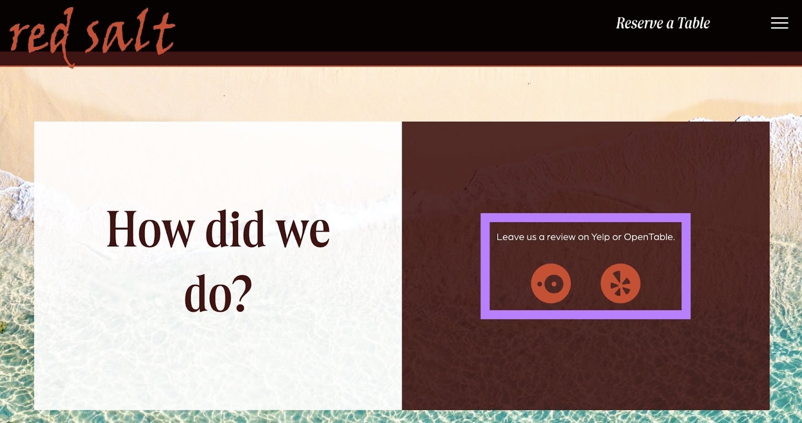 Links to review platforms like Yelp and OpenTable on the Red Salt website.
