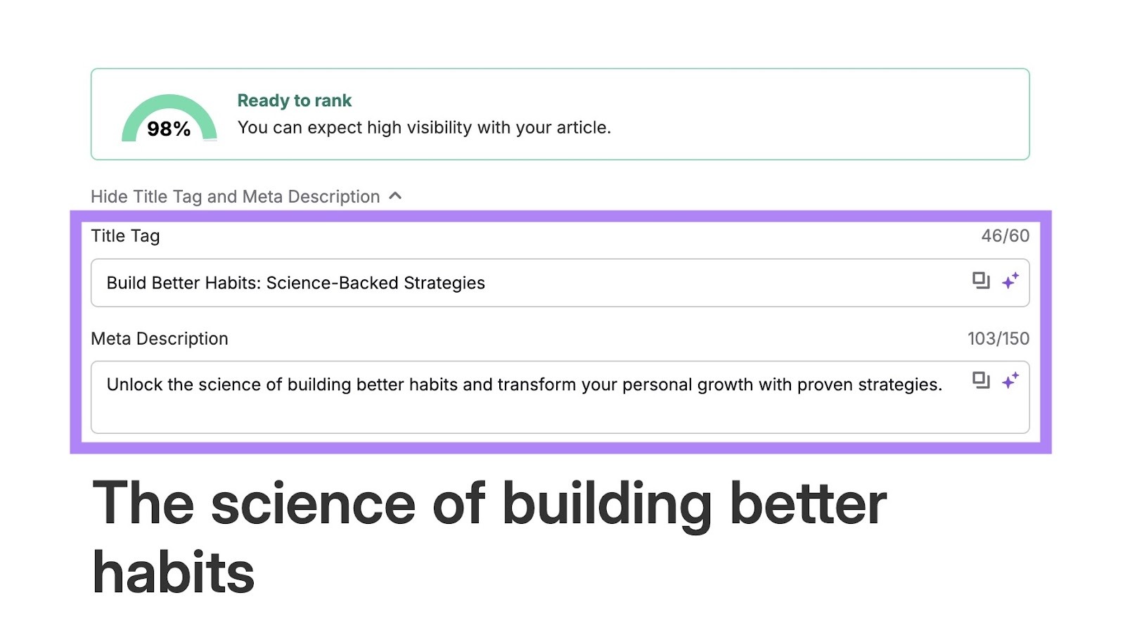 The results generated on AI Article Generator with the title tag and meta description highlighted.