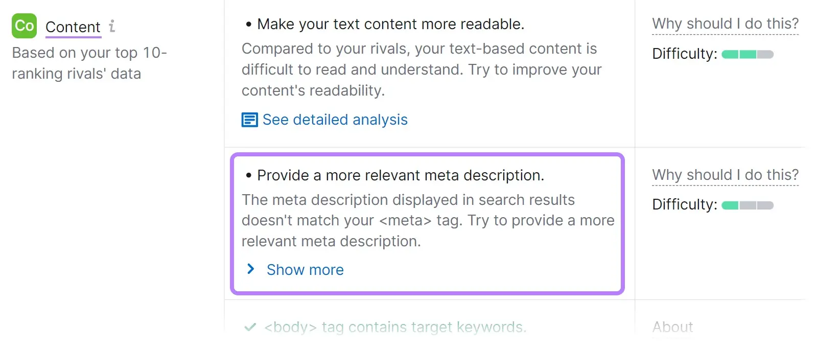 On Page SEO Checker with a suggestion to provide a more relevant meta description for the page.