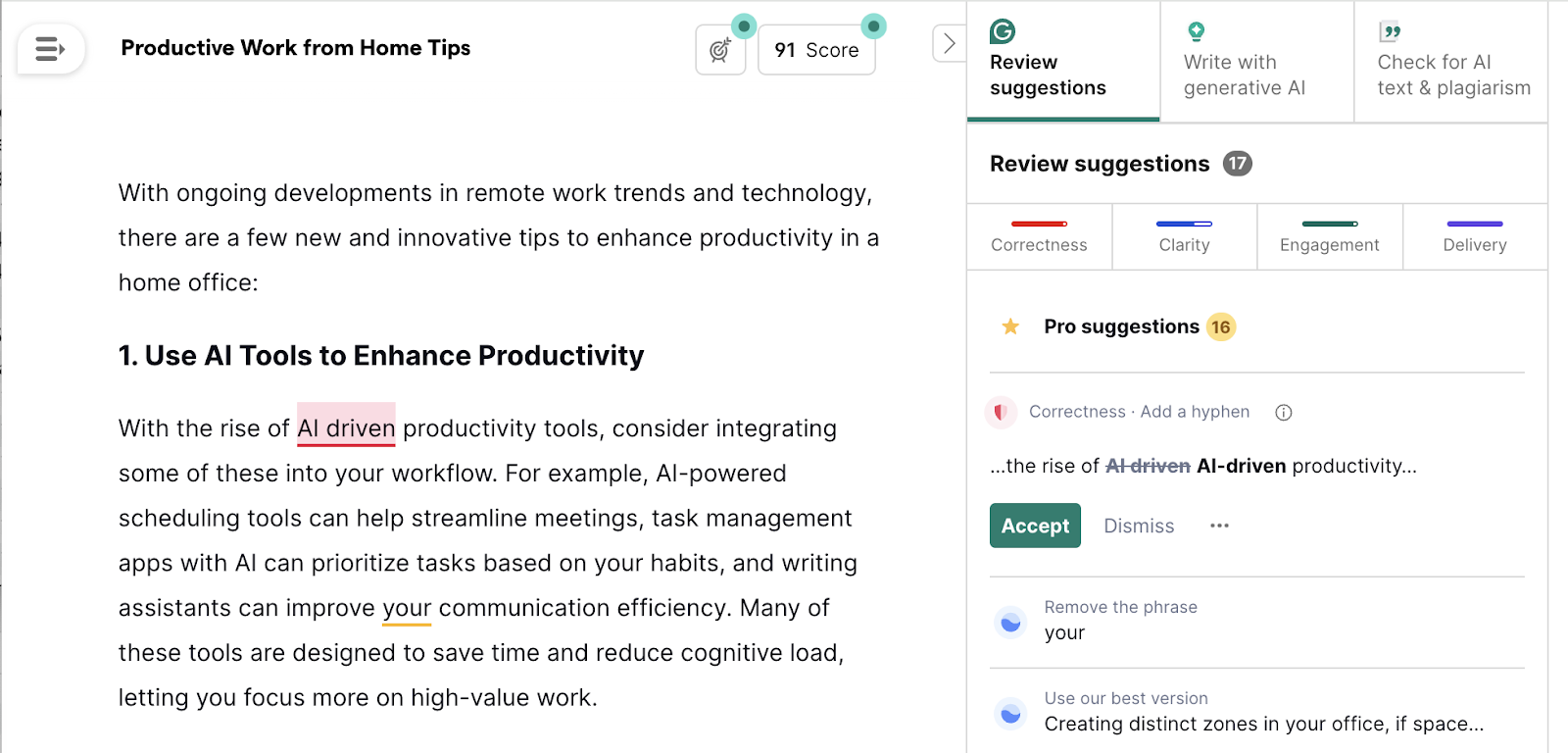 Grammarly content editing tool shows underlined text and suggestions for improvement.