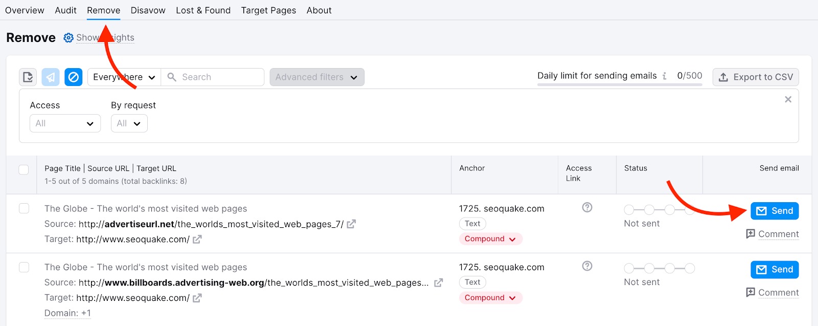 Backlink Audit tool with the 'Remove' tab open and an arrow pointing to the 'Send' button for manual outreach.