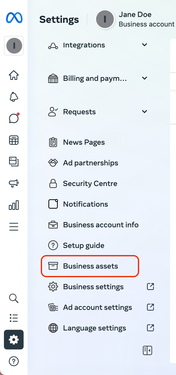 Meta business suite settings menu with red rectangles highlighting the Business assets tab.