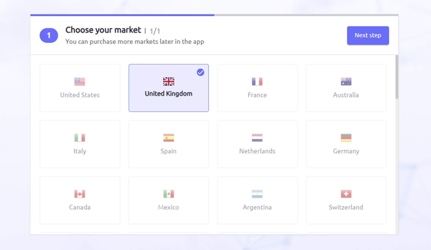 The AdClarity market selection screen.