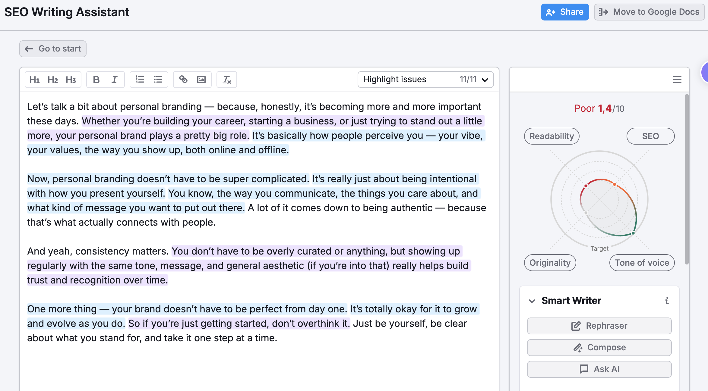 The SEO Writing Assistant interface with example text shows how the real-time content check works.