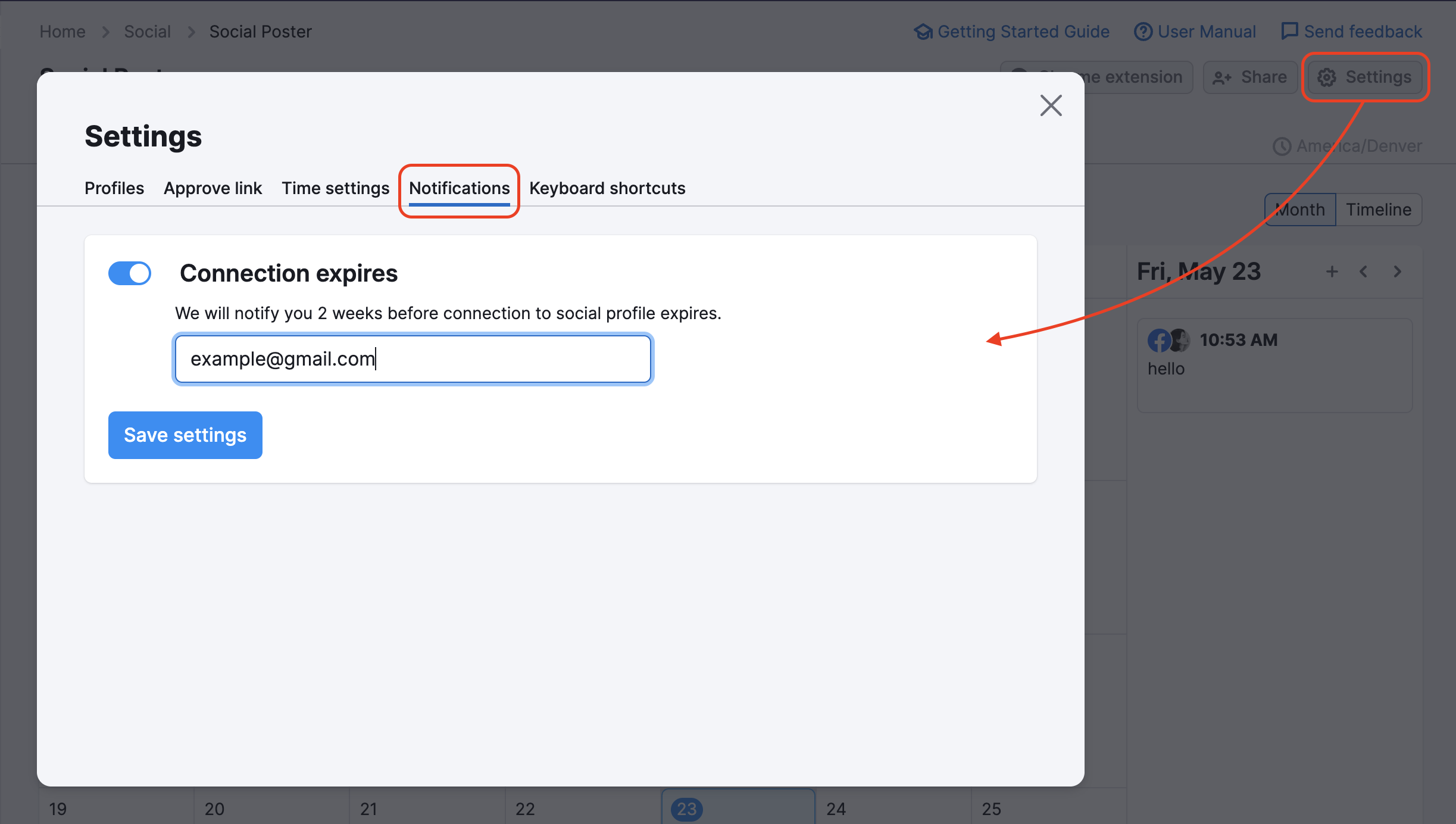 Social Poster settings: click the setting button in the top-right corner and add an email in the Notifications tab.